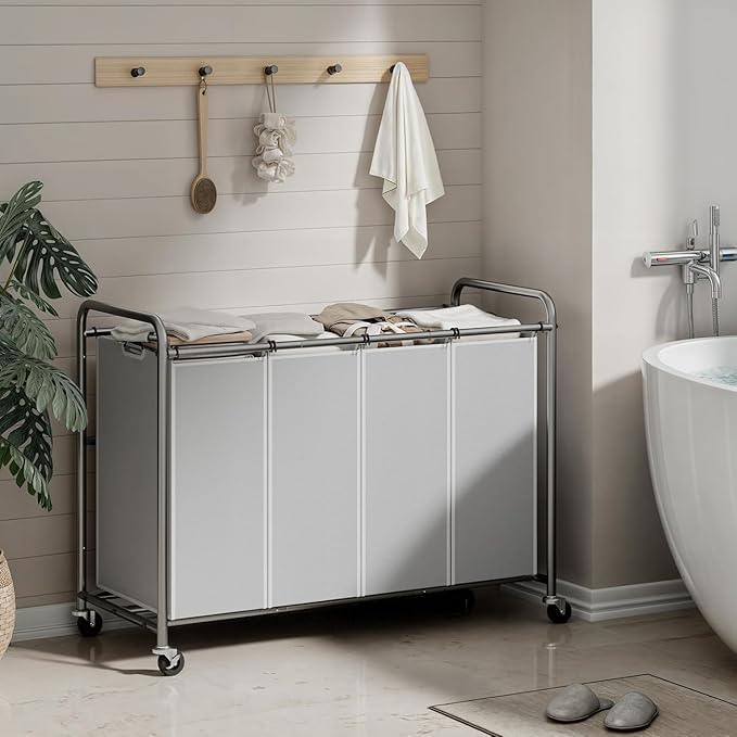 ROMOON Laundry Hamper Sorter Cart: 4-Section Organizer with Heavy-Duty Lockable Wheels and Removable Bags | 172L Rolling Laundry Basket for Dirty Clothes in Laundry Room or Small Spaces (Gray)