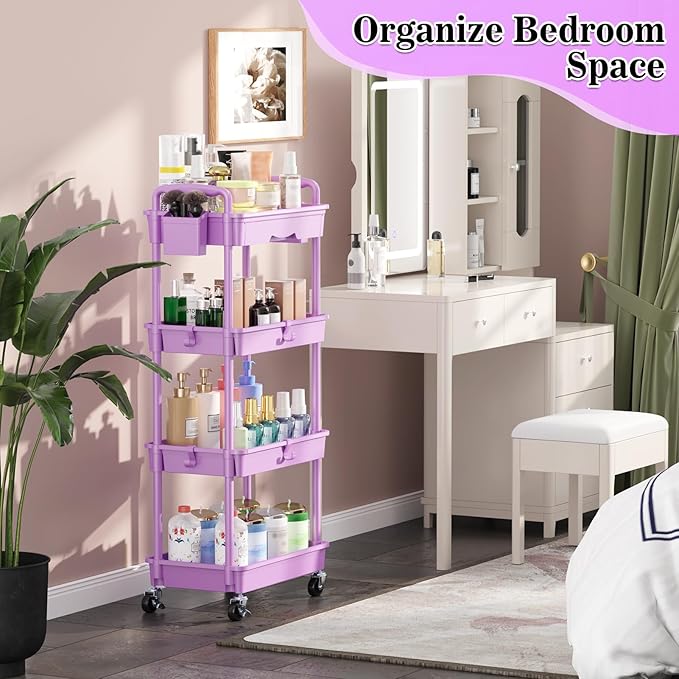 4 Tier Rolling Cart Organizer with Drawer, Bathroom Storage Carts with Wheels & Plastic Shelf, Mobile Storage Organizers for Kitchen, Office, Laundry Room, Baby, Snack, Craft, Makeup, Purple