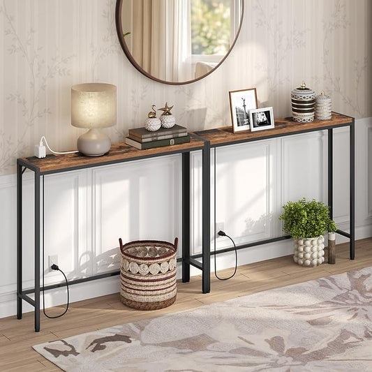 Console Table, 2 Pack Narrow Sofa Table, 43.3” Entrance Table with Power Station, Behind Couch Table, for Living Room, Hallway, Entryway, Foyer, Rustic Brown and Black CTHR112E01S2