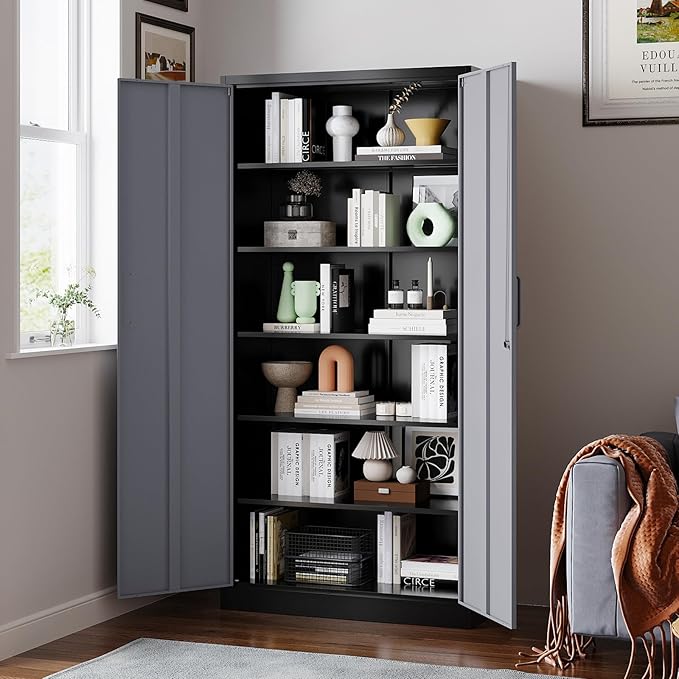 Metal Garage Storage Cabinet, 71/ inchs Locking Storage Cabinet with 2 Doors and 4 Adjustable Shelves, Lockable Metal Cabinet for Office,Home,Garage,Gym,School(Gray Black) SC9005D