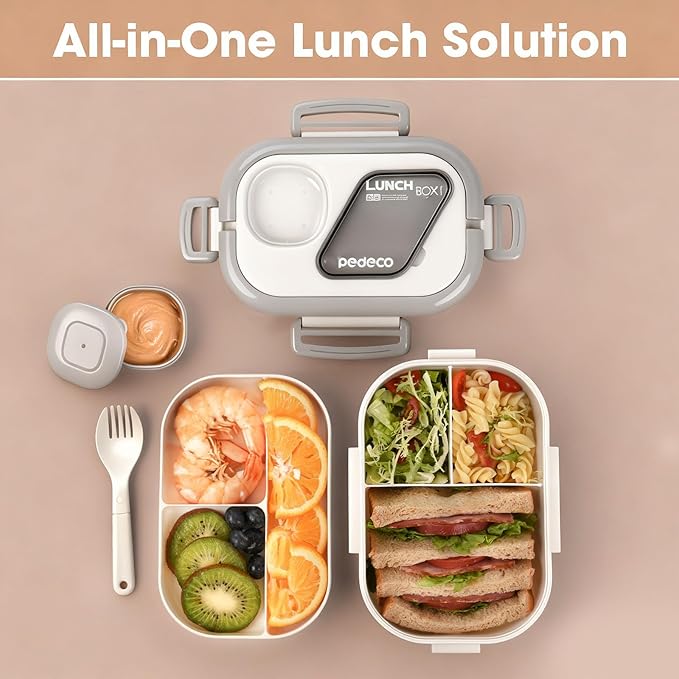 All-in-one Bento Lunch Box Set for Adults & Kids with Insulated Bag, Leakproof 3-Compartment and 2-Tier Stackable Container with Portable Sauce Pod, Microwave/Dishwasher Safe, BPA-Free (White)