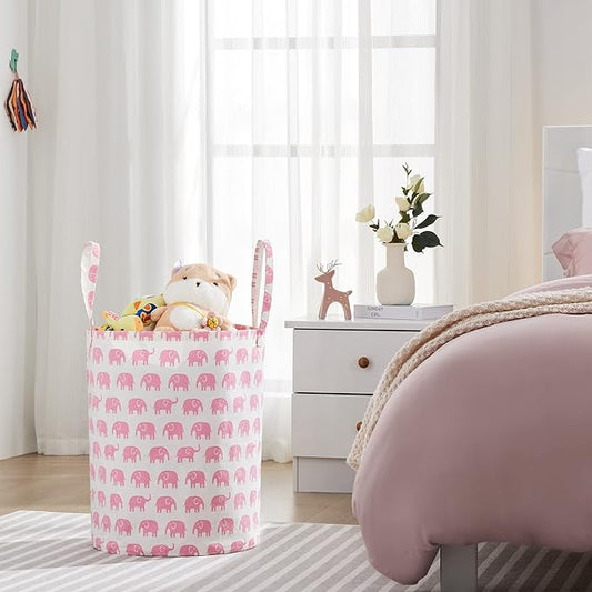 Large Storage Basket for Girls and Boys, Collapsible Laundry Hamper with Long Handles, Toy Bins for Nursery, Kids Room Décor Pink Elephant