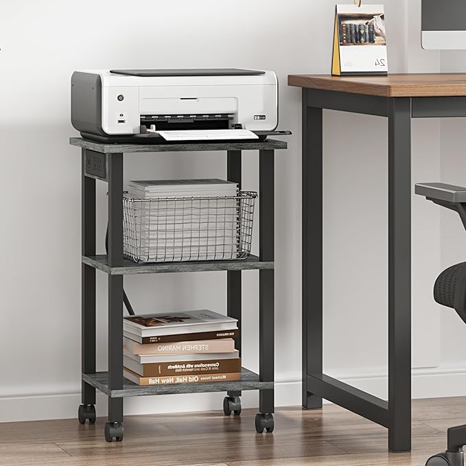 TUTOTAK 3 Tier Printer Stand, Rolling Printer Cart with Power Outlets and USB Ports, Mobile Printer Table with Wheels, for Under Desk, Office, Home, Charcoal Grey PS02BY001