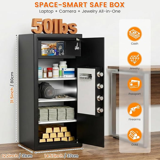 31.5"H Large Safe Box with Inner Lock Box, Slim Design Home Safe with Combination Lock, Alarm System, Removable Shelves & Fireproof Bag, Security Safes for Home Business Office