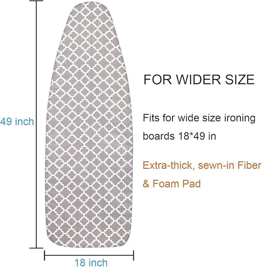 Ironing Board Cover and Pad, 18x49 Extra Wide Thick Iron Padding, Scorch & Stain Resistant Ironing board cover, Heavy Duty Iron Board Padded with Adjustable Fasteners Durable Elastic Edge, Quatrefoil