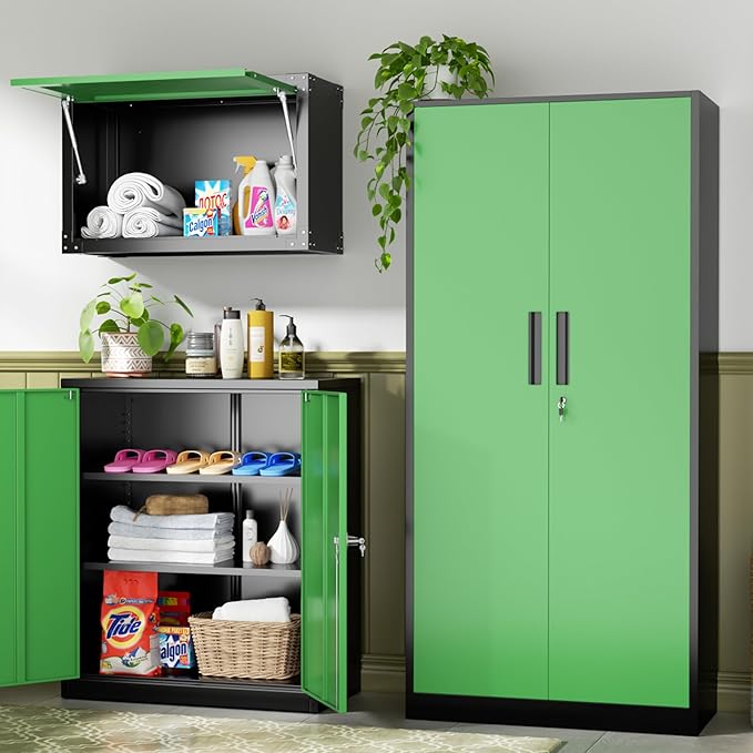 INTERGREAT Metal Storage Cabinet, Garage Steel Locking Cabinets with Doors and 4 Adjustable Shelves, Tall Lockable File Tool Cabinets for Home Office, Classroom Cabinet Basement, Black-Green