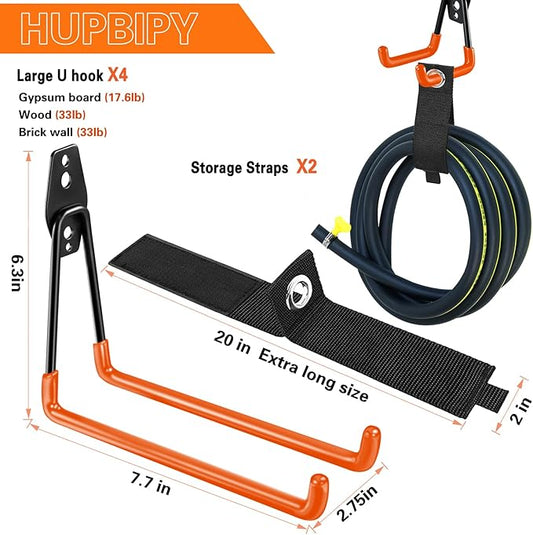 Heavy Duty Garage Hooks 4 Pack, 7.7 inch U Shaped Long Hanger, with 2 Extension Cord Holder Organizer, Wall Mounted Storage System, for Power and Garden Tool Hanging, Ladders, Bikes, Hose