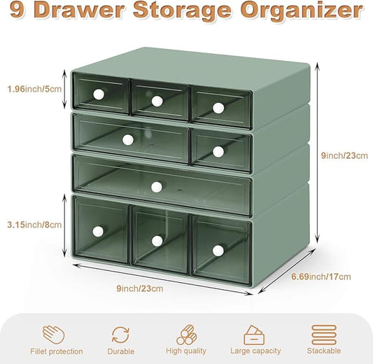 Desk Organizer with 9 Drawers, 4 Tier Plastic Stackable Storage Drawers for Desk Storage, Office Stationary Makeup Organizer Suit for Home, Office and School