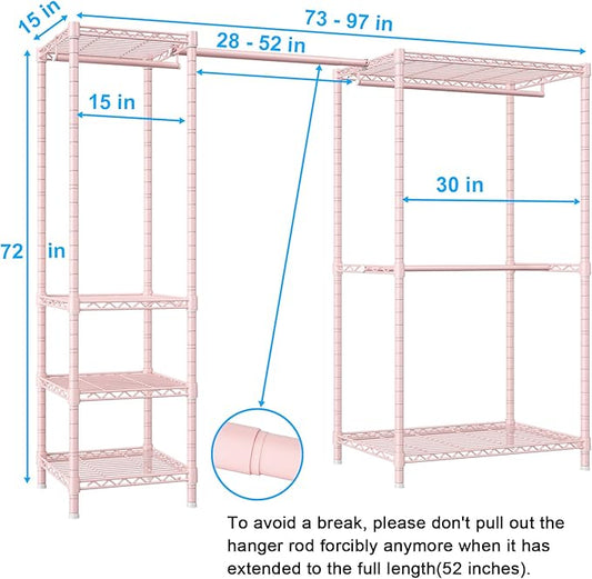 Ulif E10 Clothes Rack(With Stretchable Hanger Rod)Freestanding Clothing Racks for Hanging Clothes,Adjustable Closet Organizer System,Portable Garment Rack 73-97"W x 15" D x 72" H,Max Load 800LBS,Pink