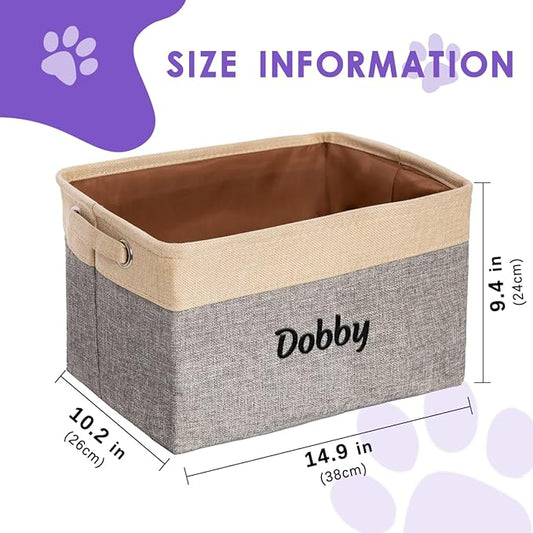 Ulico Collapsible Pet Storage Organizer, Personalized Dog Toy Bin with Handles - Custom Pet's Name Gift, Gray