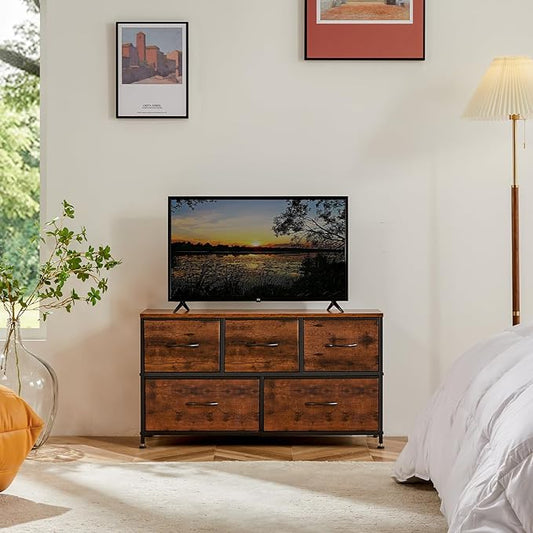 OLIXIS Dresser for Bedroom with 5 Drawers, Wide Chest of Drawers, Fabric Bedroom Dresser with Drawer Organizer, Storage Organizer Unit with Fabric Bins for Closet, Living Room, Hallway