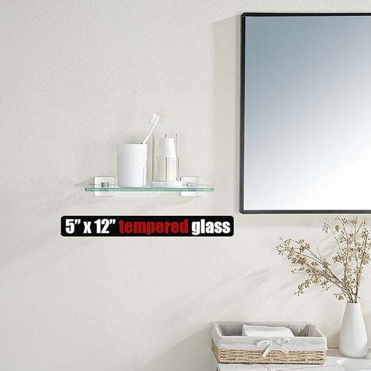 JQK Bathroom Glass Shelf, Tempered Glass Shower Storage 12 by 5 inches, 304 Stainless Steel Brushed Finish Wall Mount, TGS201L12-BN