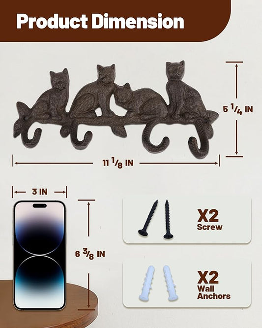 Cat Tail Wall Hooks for Hanging - Cast Iron Vintage Wall Decor Coat Rack - Vintage Rustic Design Hat Hook for Kitchen, Entryway - Handmade Heavy Duty Key Hooks
