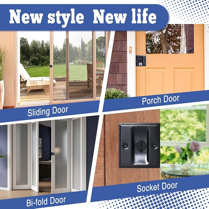 HOMOTEK 4 Pack Privacy Pocket Door Lock Hardware with Pull Pocket & Bi-Fold Door Hardware- Replace Old Or Damaged Sliding Door Locks Quickly and Easily, 2-3/4”x2-1/2”, for 1-3/8” Thickness Door, Black