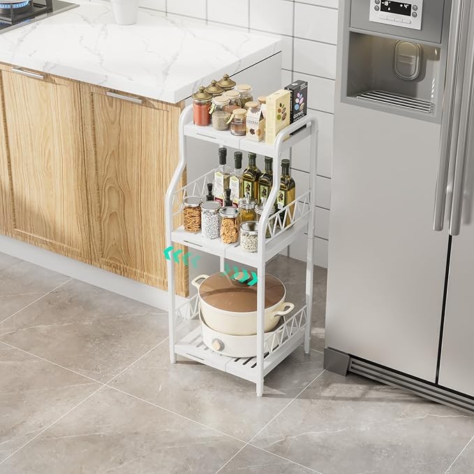 HapiRm Bathroom Shelf Unit Organizer - 3 Tier Expandable Narrow Shelf, Metal Free-Standing Shelves, Open Floor Rack Slim Storage Cabinet, Ideal for Bathroom, Laundry, Kitchen Organization (White)