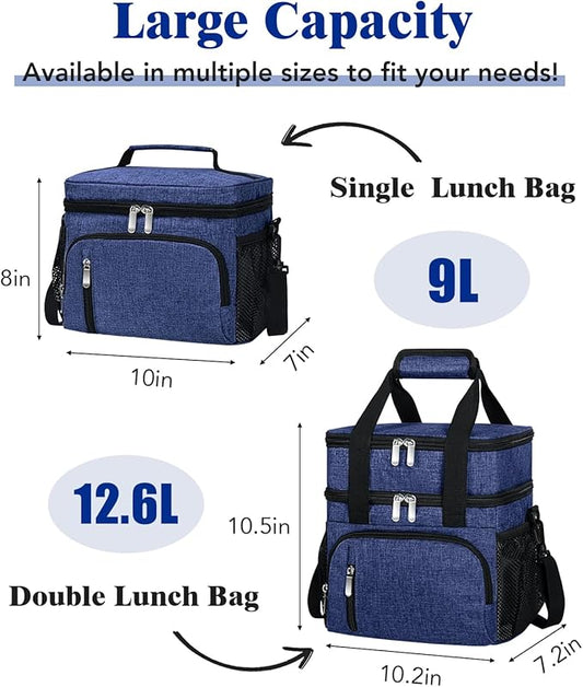Insulated Lunch Bag for Men & Women, 9L Leakproof Lunch Box Soft Cooler Tote with 5 Pockets, 600D Oxford, EVA Lining, Adjustable Strap for Work, Picnic, Beach&Travel-Navy Blue
