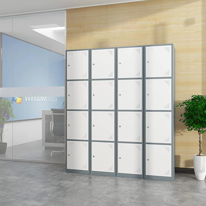 Metal Locker Cabinet with 4 Doors, 71" Storage for Employees, 4 Tier Steel Locker with Lock and Keys for School, Gym, Home, Office Staff (Grey White)