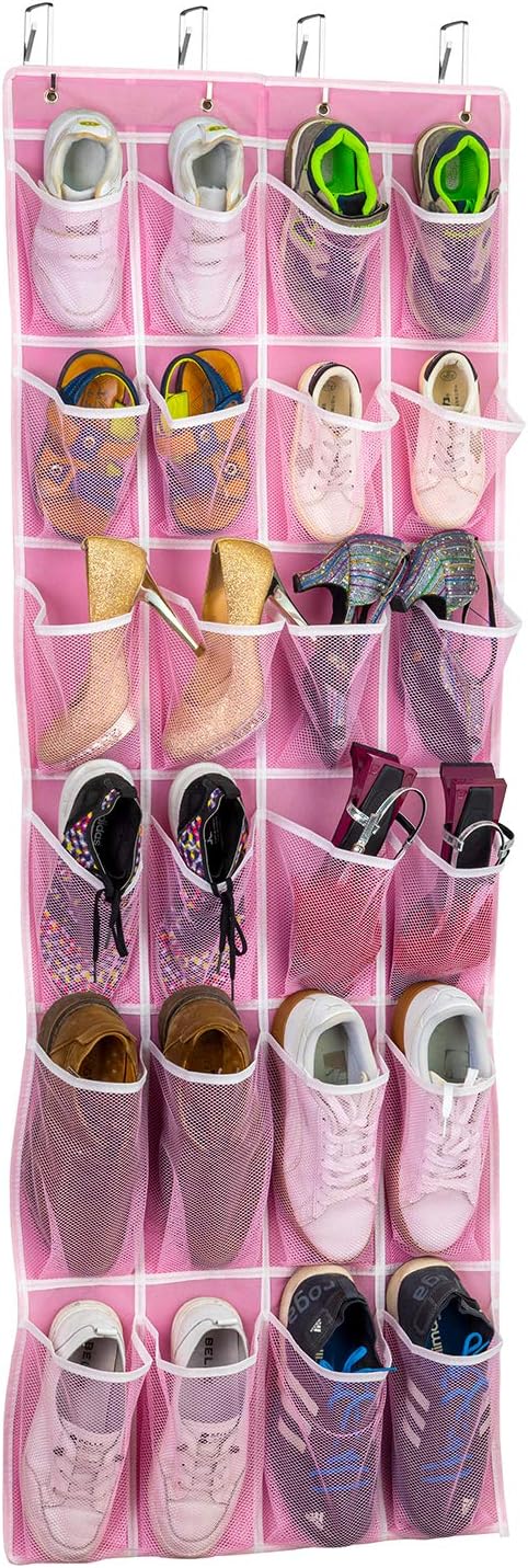 Hanging Shoe Organizer, Over The Door Shoe Organizer with 24 Breathable Mesh Pockets for Men Women Kids Hanging Shoe Storage Rack Organizer Size:58x21 Inch(Pink)