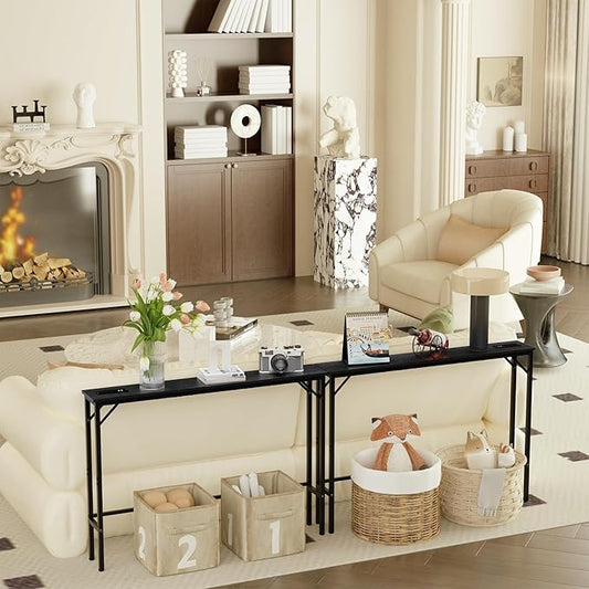 Aduanbang 5.9" Console Table with Outlet – Narrow Sofa Table, Behind Couch Table for Living Room & Hallway, 5.9" x 39.4" x 30", Metal Frame, Rustic Brown