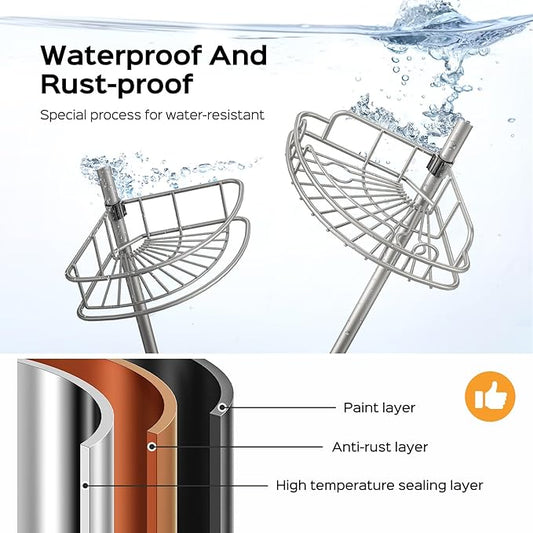 HAMITOR Corner Shower Caddy Tension Pole: 4-Tier Rust-Resistant Adjustable Bathroom Organizer Shelves - 47-121 Inch No-Drill Quick Installation - Space-Saving Storage for Renters Family - Silver Gray