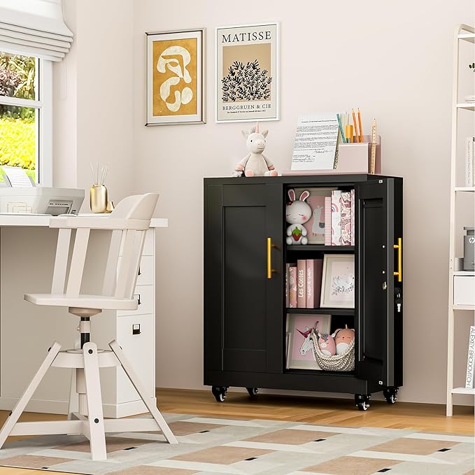 Metal Storage Cabinet with Wheels, 36" Tall Locking Storage Cabinet with 2 Adjustable Shelves, Locking Garage Cabinet, Steel Locker Organizer, for Office, Home, School, Black