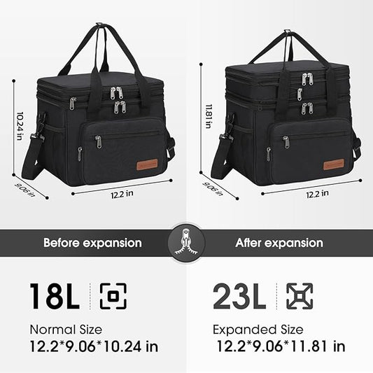 Maelstrom Lunch Box, 23L Insulated Lunch Bag, Expandable Double Deck Cooler Bag, Lightweight Leakproof Tote Bag With Side Tissue Pocket, Suit For Men and Women, Black