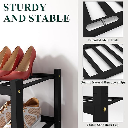Smiry Bamboo Shoe Rack for Closet, 3 Tier Long Wooden Stackable Shoe Organizer, Free Standing Shoes Storage Shelf for Entryway, Front Door Entrance, Black