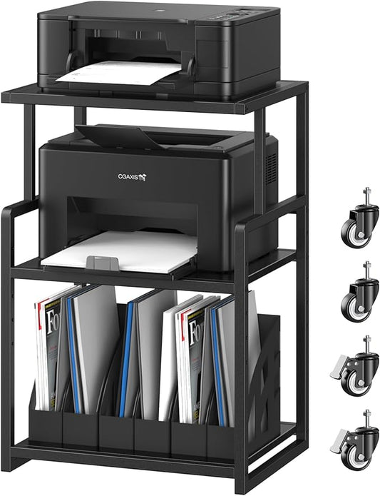 Printer Stand, 3 Tier Mobile Printer Table for Home Office, 21.3 x 15.7 Inch Rolling Height Adjustable Storage Shelf, Printer Cart with Wheels for Heat Press Scanner Fax, Black