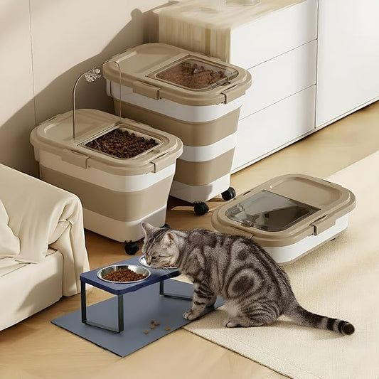 Ca15 Lbs Dog/Cat Food Storage Container,Collapsible Food Storage Containers with Rolling Wheel Airtight Locking Lid,Pet Food Storage Container with Cup and Scoop,Khaki