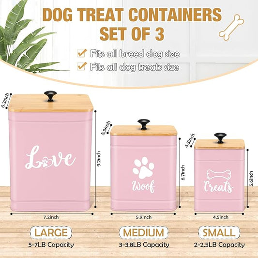 Metal Dog Treat Containers Set of 3 with Bamboo Lids and Spoon Airtight 7+3+2 lbs Dog Food Snack Jars with DIY Labels Big Pet Cookie Storage Jar for Kitchen Counter (Pink,Funny)