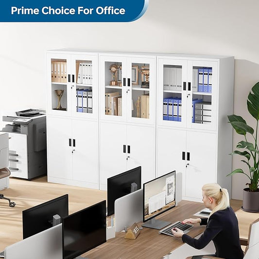 Display Storage Cabinet with Glass Door, 71 Inches Metal Curio Cabinet with 2 Adjustable Shelves, Locking Glass Display Case for Home, Office, Clinic, Pantry, Assemble Required(White)
