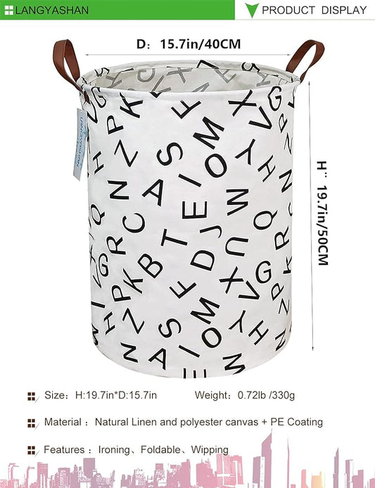 LANGYASHAN Laundry Basket Canvas Fabric Collapsible Organizer Basket for Storage Bin Toy Bins Gift Baskets Bedroom Clothes Children Nursery Hamper (Alphabet)