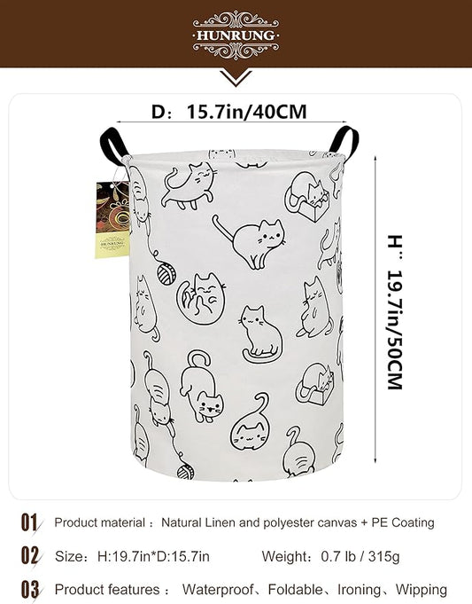 HUNRUNG Laundry Hamper,Large Canvas Fabric Lightweight Storage Basket Toy Organizer Dirty Clothes Collapsible Waterproof for College Dorms, Children Bedroom,Bathroom(Round cat)