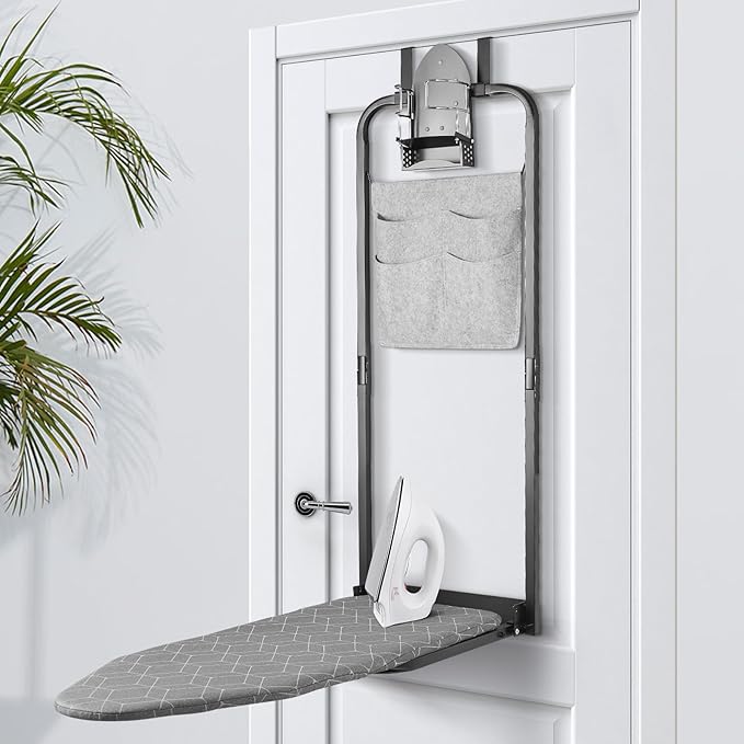 Seiritex Over The Door Ironing Board 14x42 inches with Iron Holder and Pocket Storage Bag, Hanging Iron Board for Home Laundry Room, Black