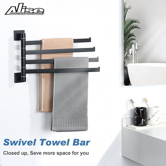 Alise Swivel Towel Rack, 4-Arm Towel Bar, Space Saving Towel Rack Wall Mount Drying Towel Holder, Swing Out Towel Holder for Bathroom Kitchen Toilet, Square SUS304 Stainless Steel, Matte Black