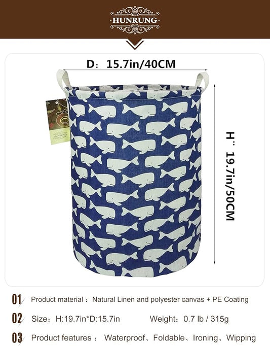HUNRUNG Laundry Hamper,Large Canvas Fabric Lightweight Storage Basket Toy Organizer Dirty Clothes Collapsible Waterproof for College Dorms, Children Bedroom,Bathroom (Rould Blue Whale)
