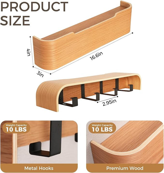 Wall Coat Rack Floating Shelves Modern Coat Rack Wall Mount with Storage Entryway Shelf Wooden Hanger 20 Inch 4 Hidden Metal Hooks for Living Room Bedroom (Oak, 4 Hooks)