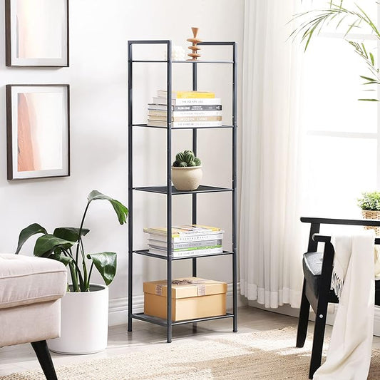 SONGMICS 5-Tier Storage Rack, Bathroom Shelf, Extendable Plant Stand with Adjustable Shelf, for Bathroom, Living Room, Balcony, Kitchen, Black UBSC35BK, 11.8 x 15 x 50.4 Inches