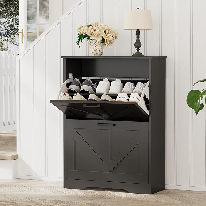 Farmhouse Shoe Cabinet for Entryway with Barn-Style Flip Drawers, Narrow Shoe Storage Organizer with Top Display Shelf, Adjustable Shelves, Shoe Rack for Hallway, Closet- (Black, 24")