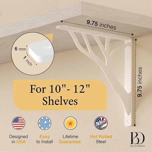 Rustic Tree White Heavy Duty Shelf Brackets 10 inch by Balin Designs, Decorative L Brackets, Iron Metal Floating Shelf Bracket, Wall Mount Shelving Bracket, Included Hardware, Set of 4