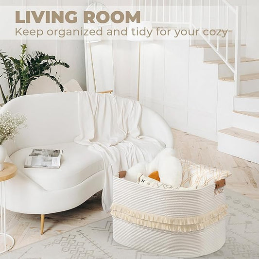 danpinera 108L Large Basket for Living Room, Boho Decorative Basket Organizing with Handles, Cotton Rope Storage for Toys, Pillows, Clothes, 25’’*16’’*16’’ White