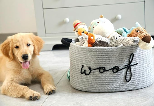 Woof Dog Basket - Cotton Rope Pet Storage Bin With Durable Handles, Large Toy Organizer for Puppies, Perfect for Chew Toys, Blankets and Leashes