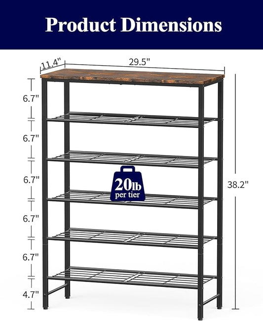 Kitsure Shoe Rack for Closet, Rustic Brown Shoe Organizer with Leveling Feet, Sturdy & Rust-Proof Shoe Storage for Entryway, Bedroom, Living Room, 29.5" x 11.4" x 38.2", Brown