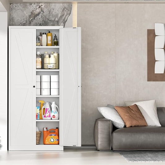 INTERGRAET 63" H Pantry Cabinet, Kitchen Pantry Storage Cabinets with 2 Doors and 4 Shelves, Metal Storage Cabinet,Cupboard for Home,Kitchen,Living Room/Dining, White