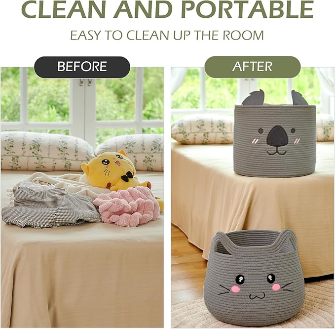 OMERAI Animal Koala Basket, Cute Cotton Rope Woven Large Blanket Basket, Toy Storage for Nursery decor and Laundry Organizer with Handles, baby hamper shower gift, 15"D x 12.6"H, Grey