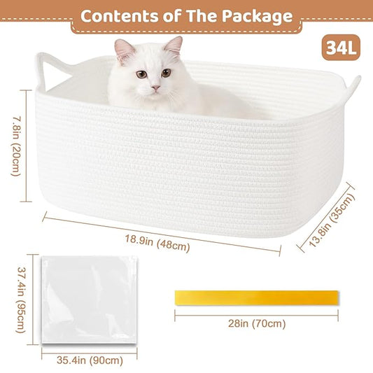 Large Empty Gift Baskets for Baby Shower, 18.9" L x 13.8" W x 7.8" H Cute Woven Storage Basket with Gift Bags and Ribbons, Small Rope Toy Basket with Handles, Cat Dog Pet Toy Organizer - White