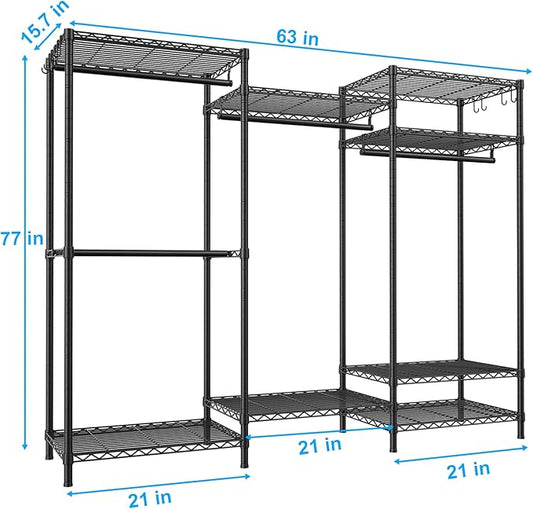 Ulif E13 Heavy Duty Clothes Rack(With 4 Hanger Rods & 8 Shelves) Freestanding Clothing Racks for Hanging Clothes,Adjustable Closet Organizer,Metal Garment Rack 63" W x16 D x77 H,Max Load 900LBS,Black