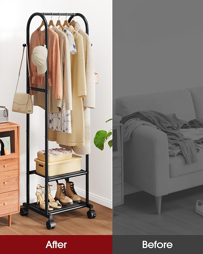 Clothes Rack - Space-Saving Clothing Rack with Wheels, 2-Tier Dense Mesh Shoe Shelves & 4 Hooks, Garment Rack for Bedroom, Entryway, Closet, 18.4" x 12.6" x 72", Black
