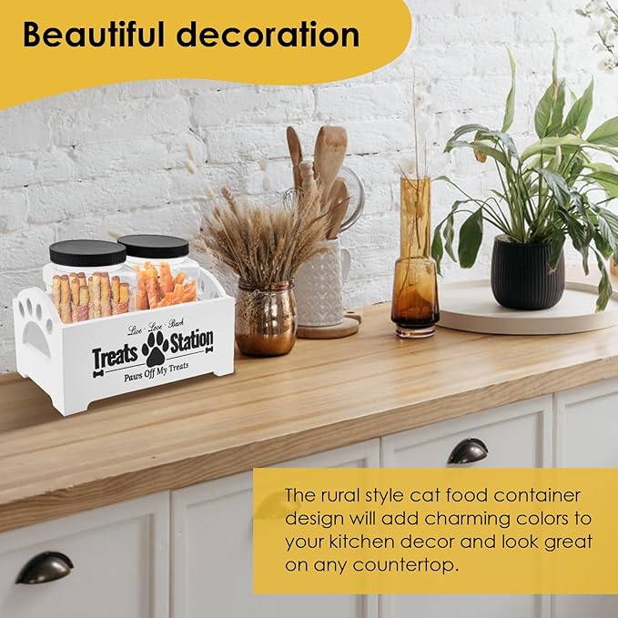 Dog Treat Container Wood Dog Food Storage Container with 2 Plastic Jars Rustic Cat Treat Container Practical Pet Treat Storage Organizer (White)