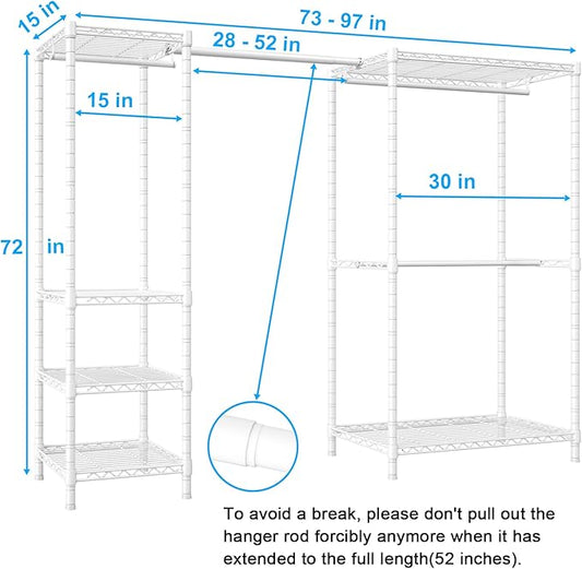 Ulif E10 Clothes Rack(With Stretchable Hanger Rod)Freestanding Clothing Racks for Hanging Clothes,Adjustable Closet Organizer System,Portable Garment Rack 73-97"W x 15" D x 72" H,Max Load 800LBS,White